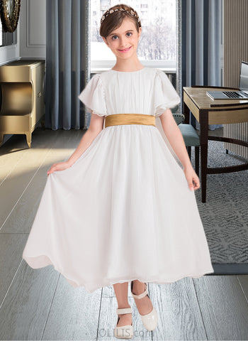 Jamya A-Line Tea-length Flower Girl Dress - Chiffon/Charmeuse Short Sleeves Scoop Neck With Sash UKP0015838