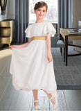 Jamya A-Line Tea-length Flower Girl Dress - Chiffon/Charmeuse Short Sleeves Scoop Neck With Sash UKP0015838