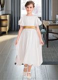 Jamya A-Line Tea-length Flower Girl Dress - Chiffon/Charmeuse Short Sleeves Scoop Neck With Sash UKP0015838