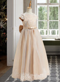 Aniya A-Line Floor-length Flower Girl Dress - Satin/Tulle Short Sleeves Scoop Neck With Lace/Sequins/Bow(s)/V Back UKP0015840