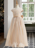 Aniya A-Line Floor-length Flower Girl Dress - Satin/Tulle Short Sleeves Scoop Neck With Lace/Sequins/Bow(s)/V Back UKP0015840