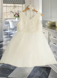 Emma A-Line Knee-length Flower Girl Dress - Satin/Tulle Sleeveless V-neck With Beading UKP0015841