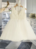 Emma A-Line Knee-length Flower Girl Dress - Satin/Tulle Sleeveless V-neck With Beading UKP0015841