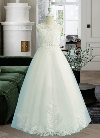 Zaria Ball-Gown/Princess Floor-length Flower Girl Dress - Tulle/Lace Sleeveless Scoop Neck With Beading UKP0015845