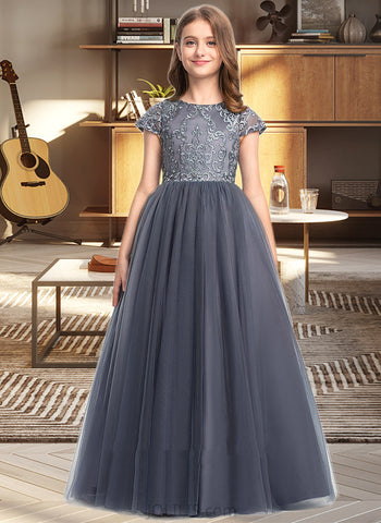 Vicky Ball-Gown/Princess Floor-length Flower Girl Dress - Tulle Short Sleeves Scoop Neck UKP0015848