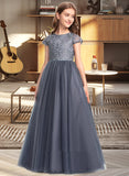 Vicky Ball-Gown/Princess Floor-length Flower Girl Dress - Tulle Short Sleeves Scoop Neck UKP0015848