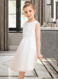 Yaretzi A-Line Knee-length Flower Girl Dress - Tulle/Lace Sleeveless Scoop Neck With Lace/Bow(s) UKP0015849