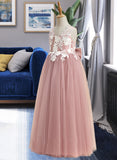 Hazel A-Line Floor-length Flower Girl Dress - Tulle Sleeveless V-neck With Lace/Bow(s) UKP0015855