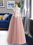 Hazel A-Line Floor-length Flower Girl Dress - Tulle Sleeveless V-neck With Lace/Bow(s) UKP0015855