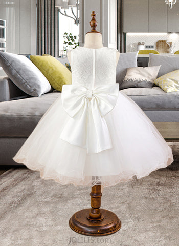 Kaitlynn Ball-Gown/Princess Knee-length Flower Girl Dress - Satin/Tulle/Lace Sleeveless Scoop Neck With Bow(s) UKP0015858