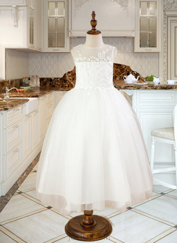 Jayleen Ball Gown Ankle-length Flower Girl Dress - Satin/Tulle Sleeveless Scoop Neck With Appliques UKP0015860