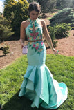 Elegant 2 Pieces Sheath Mermaid Mint Open Back Long Prom Dresses