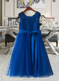 Lillian A-Line Tea-length Flower Girl Dress - Satin/Tulle/Lace Sleeveless Scoop Neck UKP0015862