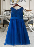 Lillian A-Line Tea-length Flower Girl Dress - Satin/Tulle/Lace Sleeveless Scoop Neck UKP0015862