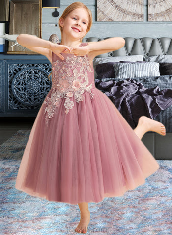 Taliyah Ball-Gown/Princess Tea-length Flower Girl Dress - Tulle Sleeveless Scoop Neck With Lace/Beading UKP0015865