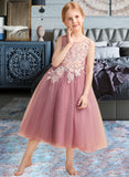 Taliyah Ball-Gown/Princess Tea-length Flower Girl Dress - Tulle Sleeveless Scoop Neck With Lace/Beading UKP0015865