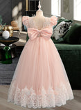 Reina Ball-Gown/Princess Floor-length Flower Girl Dress - Lace Short Sleeves Scoop Neck With Ruffles/Feather/Bow(s) UKP0015866