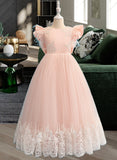 Reina Ball-Gown/Princess Floor-length Flower Girl Dress - Lace Short Sleeves Scoop Neck With Ruffles/Feather/Bow(s) UKP0015866