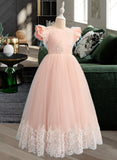 Reina Ball-Gown/Princess Floor-length Flower Girl Dress - Lace Short Sleeves Scoop Neck With Ruffles/Feather/Bow(s) UKP0015866