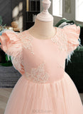 Reina Ball-Gown/Princess Floor-length Flower Girl Dress - Lace Short Sleeves Scoop Neck With Ruffles/Feather/Bow(s) UKP0015866