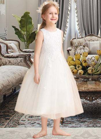 Tia A-Line Tea-length Flower Girl Dress - Satin/Tulle Sleeveless Scoop Neck With Bow(s) UKP0015867