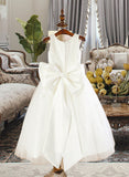 Tia A-Line Tea-length Flower Girl Dress - Satin/Tulle Sleeveless Scoop Neck With Bow(s) UKP0015867