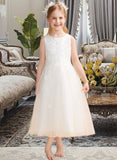 Tia A-Line Tea-length Flower Girl Dress - Satin/Tulle Sleeveless Scoop Neck With Bow(s) UKP0015867