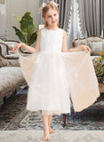 Tia A-Line Tea-length Flower Girl Dress - Satin/Tulle Sleeveless Scoop Neck With Bow(s) UKP0015867