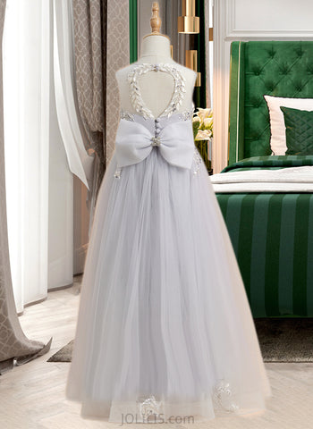 Yvonne A-Line Floor-length Flower Girl Dress - Tulle Sleeveless Scoop Neck With Beading/Sequins/Bow(s) UKP0015872