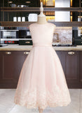 Tricia Ball-Gown/Princess Tea-length Flower Girl Dress - Satin/Tulle Sleeveless Scoop Neck With Lace/Bow(s) UKP0015877