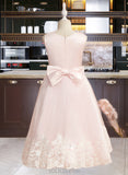 Tricia Ball-Gown/Princess Tea-length Flower Girl Dress - Satin/Tulle Sleeveless Scoop Neck With Lace/Bow(s) UKP0015877