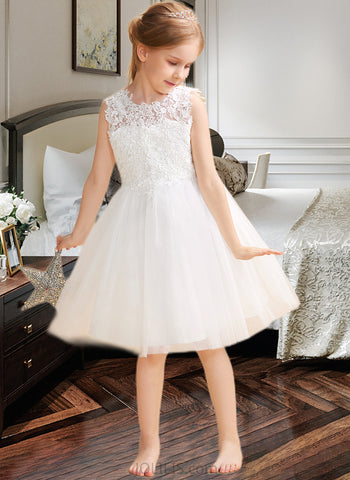 Ainsley A-Line/Princess Knee-length Flower Girl Dress - Satin/Tulle/Lace Sleeveless Scoop Neck With Back Hole UKP0015878