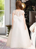 Cindy Ball-Gown/Princess Floor-length Flower Girl Dress - Tulle/Lace Short Sleeves Scoop Neck With Bow(s) UKP0015880