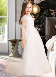 Cindy Ball-Gown/Princess Floor-length Flower Girl Dress - Tulle/Lace Short Sleeves Scoop Neck With Bow(s) UKP0015880