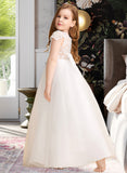 Cindy Ball-Gown/Princess Floor-length Flower Girl Dress - Tulle/Lace Short Sleeves Scoop Neck With Bow(s) UKP0015880