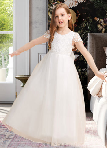 Cindy Ball-Gown/Princess Floor-length Flower Girl Dress - Tulle/Lace Short Sleeves Scoop Neck With Bow(s) UKP0015880