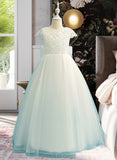 Cindy Ball-Gown/Princess Floor-length Flower Girl Dress - Tulle/Lace Short Sleeves Scoop Neck With Bow(s) UKP0015880