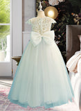 Cindy Ball-Gown/Princess Floor-length Flower Girl Dress - Tulle/Lace Short Sleeves Scoop Neck With Bow(s) UKP0015880