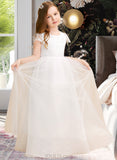 Cindy Ball-Gown/Princess Floor-length Flower Girl Dress - Tulle/Lace Short Sleeves Scoop Neck With Bow(s) UKP0015880