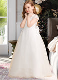 Cindy Ball-Gown/Princess Floor-length Flower Girl Dress - Tulle/Lace Short Sleeves Scoop Neck With Bow(s) UKP0015880