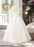 Olive Ball-Gown/Princess Ankle-length Flower Girl Dress - Satin/Tulle/Lace Short Sleeves Scoop Neck With V Back UKP0015884