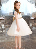 Danika A-Line Knee-length Flower Girl Dress - Tulle/Lace Short Sleeves Scoop Neck With Sash/Bow(s) (Undetachable sash) UKP0015885