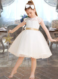 Danika A-Line Knee-length Flower Girl Dress - Tulle/Lace Short Sleeves Scoop Neck With Sash/Bow(s) (Undetachable sash) UKP0015885