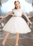 Danika A-Line Knee-length Flower Girl Dress - Tulle/Lace Short Sleeves Scoop Neck With Sash/Bow(s) (Undetachable sash) UKP0015885