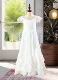 Kassandra A-Line Floor-length Flower Girl Dress - Chiffon Short Sleeves Scoop Neck With Lace UKP0015888