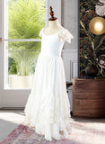 Kassandra A-Line Floor-length Flower Girl Dress - Chiffon Short Sleeves Scoop Neck With Lace UKP0015888