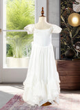 Kassandra A-Line Floor-length Flower Girl Dress - Chiffon Short Sleeves Scoop Neck With Lace UKP0015888