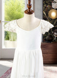 Kassandra A-Line Floor-length Flower Girl Dress - Chiffon Short Sleeves Scoop Neck With Lace UKP0015888