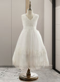 Sydnee A-Line Tea-length Flower Girl Dress - Tulle/Lace Sleeveless V-neck With Bow(s)/V Back UKP0015889