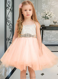 Pauline A-Line Knee-length Flower Girl Dress - Satin/Tulle/Lace Sleeveless Scoop Neck With Beading (Undetachable sash) UKP0015890